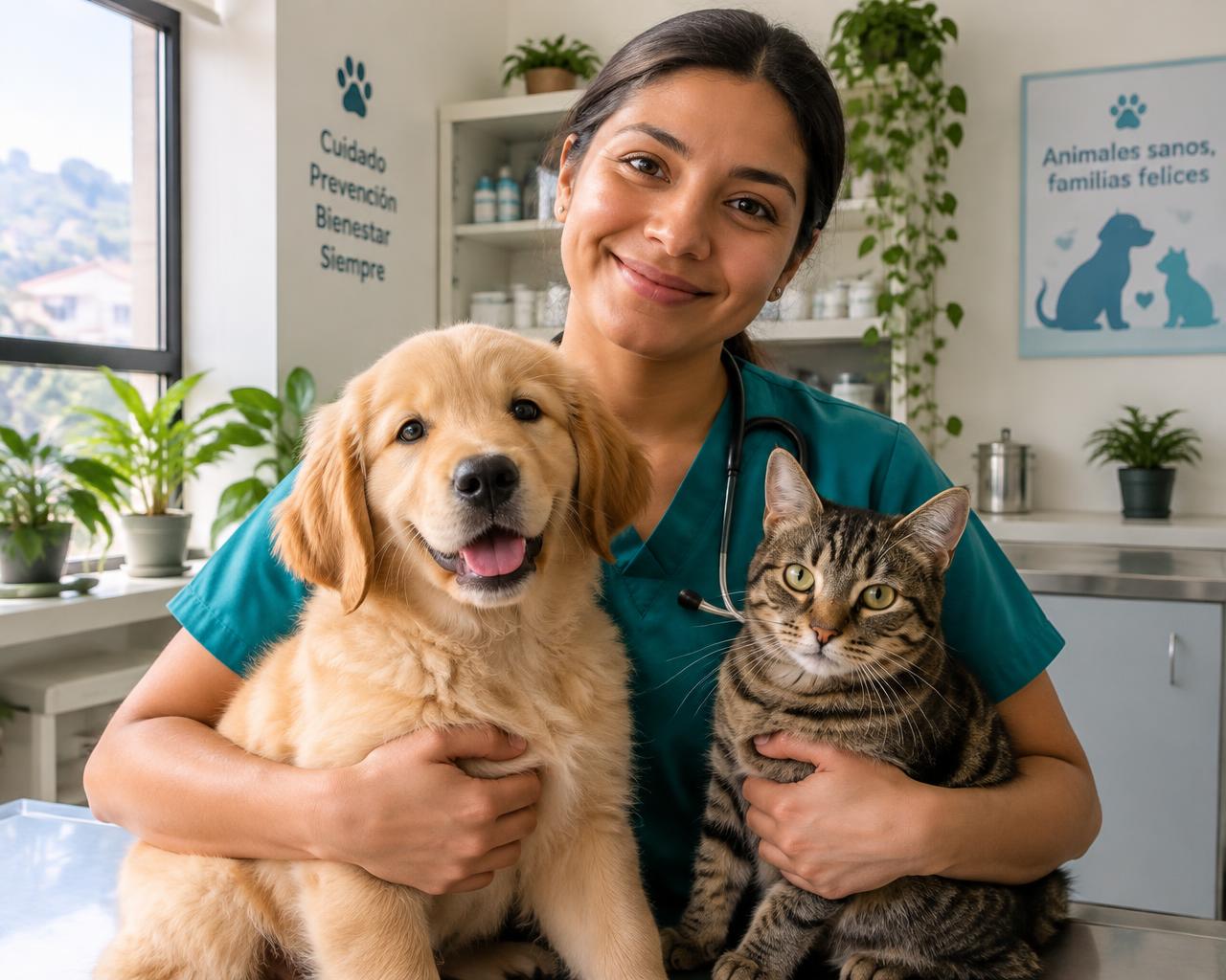 Veterinaria con un cachorro y un gato